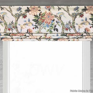 Lined Cream, Red and Blue Faux (Fake) Roman Shade Valance; Traditional Floral Bird Toile Chinoiserie Curtain, Waverly; Mudan in Persimmon