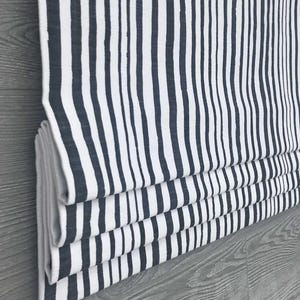 Lined Modern Stripe Faux (Fake) Roman Shade Window Valance in Dark Gray and White; Heavyweight Linen; Horizon in Shadow