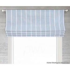 Lined Mineral Blue and White Modern Farmhouse Stripe Faux Flat Roman Shade Window Valance; Windridge; Custom; Custom Sizing