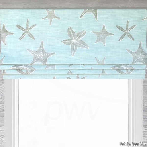 Lined Faux (Fake) Flat Roman Shade Valance, Modern Beach House Coastal in Large Light Blue/Green Corals; Custom Curtain; Sea Life in Haze