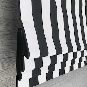 Lined Faux Flat Roman Shade Window Valance, Bold Black and White Modern Awning Stripes - Canopy in Black;  Custom Sizing