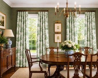 Pinch Pleat Rod Pocket or Back Tab Drapery, Green and White Toile for French Country Kitchen Dining Room, Colonial in Pine, Sold Per Panel