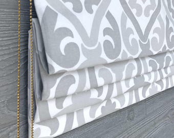 Roman Shade Made in Alex in French Grey Fabric, Functional Slatted Blind, Custom Sized