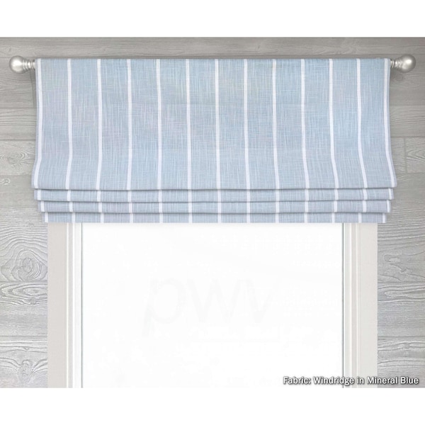 Mineral Blue and White Modern Farmhouse Stripe Faux Flat Roman Shade Window Valance; Windridge; Custom Sizing