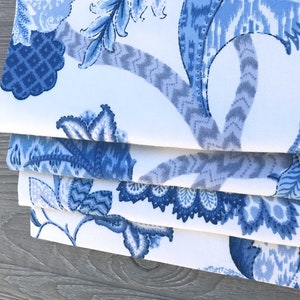 Lined Faux (Stationary) Roman Shade Valance; Jacobean Floral in Deep Blue on Bright White; ; Arabesque Floral in Marina;