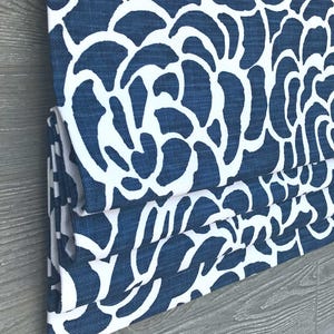 Lined Faux Roman Shade Window Valance; Heavyweight Linen Blend Floral in Blue, Navy; Peony in Capri Luxe Linen