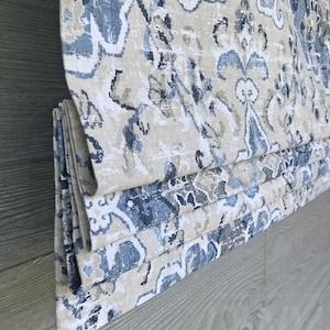 Faux (Fake) Flat Roman Shade Valance, Roman Shade with Oversized Floral Medallion; French Blue, Beige, Cream, Sabra in Bluebell