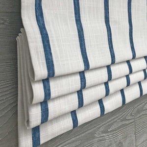 Lined Faux Roman Shade Valance, Modern Farmhouse Stripe in Navy on Off White; Miles in Italian Denim;  Custom Sizing, Slub Texture