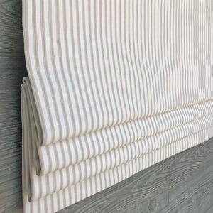 Lined Beige and White Faux (Fake) Roman Shade Window Valance; Traditional Country Ticking Stripe Window Curtain; Berlin in Sand