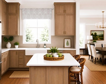 Lined Flat Kitchen Valance with Gray and Off White Modern Floral Medallions; Straight Kitchen Window Valance, Dreamscape in French Grey