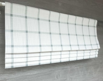 Roman Shade, Faux Shade Valance, Green, Off White Modern Farmhouse Windowpane Check; Pinch Pleat Curtain Available, Aaron in Waterbury