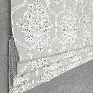 Lined Gray and White Faux Flat Roman Shade Window Valance, Modern Floral Medallion; Dreamscape in French Grey;  Custom Sizing