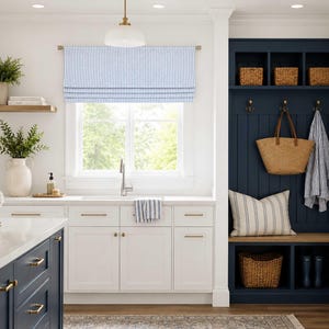 Kitchen and Mudroom Roman Shade in Blue and White, Modern Farmhouse Faux Shade Valance, Classic Ticking Stripe in Weathered Blue