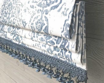 Roman Shade, Faux Shade Valance - Pocket or Pleat Curtain, French Blue, White Fringe, Floral Medallion, Manchester in Cash Blue