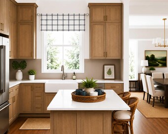 Lined Flat Kitchen Valance; Modern Farmhouse Check; Perfect for Kitchens; Black and Off White; Aaron in Ink; up to 52" Wide
