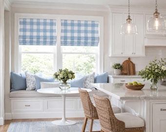 Modern Farmhouse Buffalo Check Roman Shade, Faux Shade Valance Light Blue White Plaid; Pinch Pleat Curtain Available, Anderson in Cash Blue