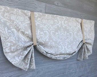 Tailed Balloon Shade Valance with Deep Swags for Single to Extra Wide Window; Natural Linen; Damask; Traditions