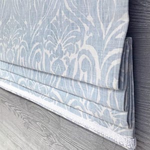 Roman Shade, Faux Shade Valance, Powder Blue w/ White Trim, Floral Medallion, Joash in Mineral Blue