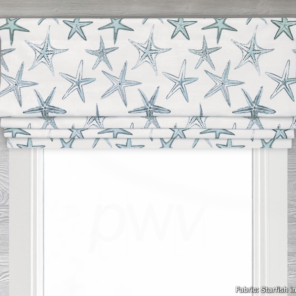 Lined Green and White Faux (Fake) Flat Roman Shade Valance; Starfish in Harbor; Beach House Coastal; Heavy Basketweave Linen;