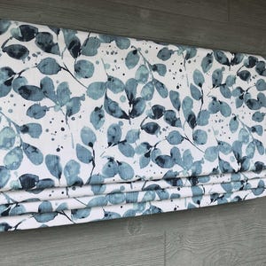 Lined Dark Blue and Mint Blue Faux (Fake) Roman Shade Window Valance on White; Modern Watercolor Florals; Grove in Peacoat