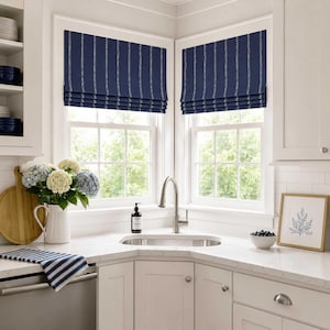 Blue Navy White Stripe Kitchen Roman Shade, Modern Faux Shade Valance, Carlo in Vintage Indigo
