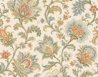 Teodora in Cinnamon Floral Jacobean Paisley in Orange Blue Green Pinch Pleat Back Tab or Rod Pocket Drapery Curtain, Custom, Sold Per Panel