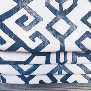 Lined Blue and White Faux Flat Roman Shade Window Valance; Chinoiserie Modern Oriental Lattice; Jing in Regal Blue;  Custom Size