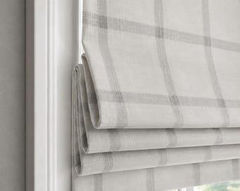 Modern Farmhouse Grey Off White Check Roman Shade, Faux Shade Valance, for Kitchen, Pinch Pleat Curtain Available, Aaron in French Grey