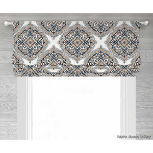 Source in Navy Lined Faux (Fake) Roman Shade Window Valance;  Custom Curtain, Large Modern Medallion in Blue and Soft Orange