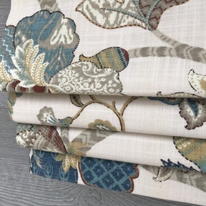 Lined French Blue Faux (Fake) Roman Shade Valance; Jacobean Floral; Teal, Brown on Light Ivory; Finders Keepers Pattern I;  W