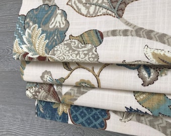 Lined French Blue Faux (Fake) Roman Shade Valance; Jacobean Floral; Teal, Brown on Light Ivory; Finders Keepers Pattern I;  W