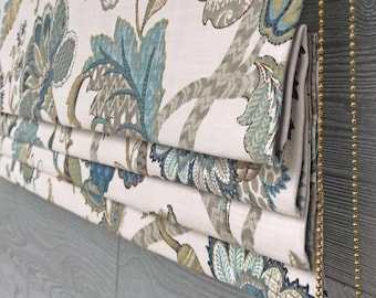 Roman Shade Made in Finders Keepers I in French Blue Fabric, Functional Slatted Blind, Custom Sized