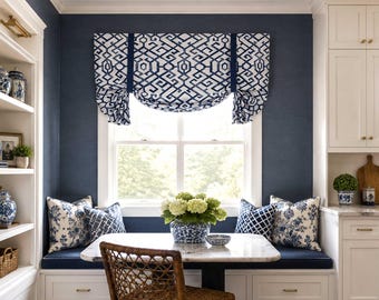 Dark Blue, Navy and White Custom Tailed Balloon Shade Valance with Deep Swags for Single to Extra Wide Window; Jing in Regal Blue