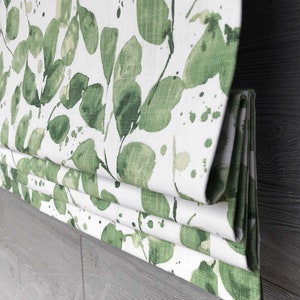 Lined Green and White Faux (Stationary) Roman Shade Valance; Modern Floral Print; Grove in Endive;  Custom Sizing