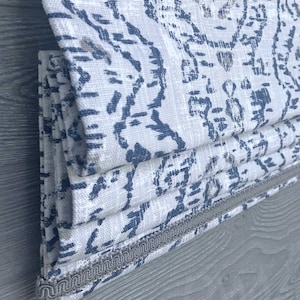 Lined Blue, Gray Faux Fake Flat Roman Shade Valance w/ Gimp Trim, Oriental Distressed, Modern, Heavy Linen; Jazmin in Space Blue;