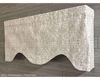 Shaped Rod Pocket Custom Valance, Fits Single Window 33 - 42 Inches ONLY, Cornice Style, Modern Floral Medallion; Black; Gray; Dreamscape