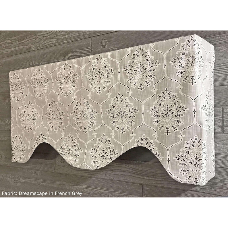 Shaped Rod Pocket Custom Valance, Fits Single Window 33 - 42 Inches ONLY, Cornice Style, Modern Floral Medallion; Black; Gray; Dreamscape image 1