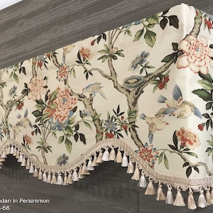 Shaped Rod Pocket Custom Valance, Fits Single Window 33 - 42" ONLY, Traditional Florals and Bird Toile, Ivory; Waverly; Mudan in Persimmon