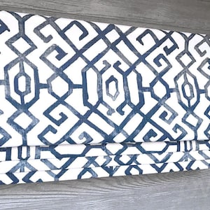 Lined Blue and White Faux Flat Roman Shade Window Valance; Chinoiserie Modern Oriental Lattice; Jing in Regal Blue; Custom Size