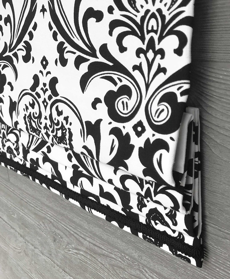 Lined Black and White Faux Mock Roman Shade Valance with Contrast Trim Coordinating Gimp Modern Damask Traditions image 5