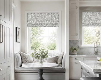 Jacobean Floral Roman Shade, Faux Shade Valance in Stone Gray and Off White for Kitchen Breakfast; Hopedale