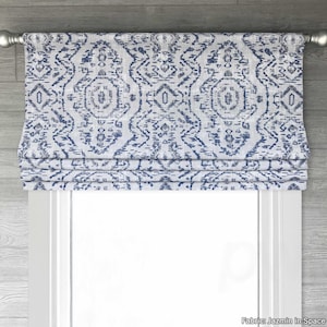 Lined Blue and Gray Faux Flat Roman Shade Window Valance, Oriental Distressed Geometric, Modern, Heavy Linen; Jazmin in Space Blue