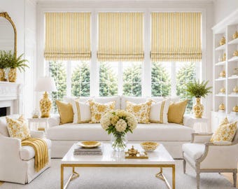 Roman Shade, Faux Shade Valance, Yellow White Stripe Country Kitchen Living Bath, Pinch Pleat Curtain Available, Cottage Stripe in Barley
