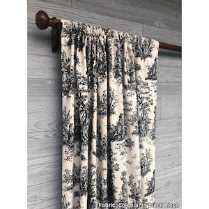Colonial in Black Linen Rod Pocket Drapery, Cafe Curtain, Black, Natural/Ivory Toile for French Country Kitchen, Sold Per Each Single Panel