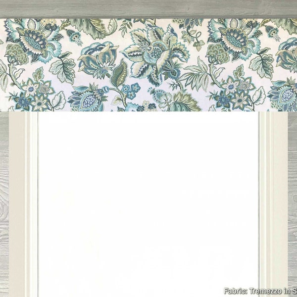 Lined Flat Valance; Jacobean Floral Straight Valance, Blue, Green, Teal on Off White; Covington; Tremezzo in Seafoam; up to 52"W