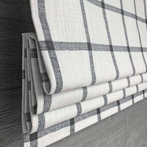 Lined Black and Off White Faux (Fake) Flat Roman Shade Kitchen Window Valance; Modern Farmhouse, Buffalo Check; Lined, Aaron in Ink