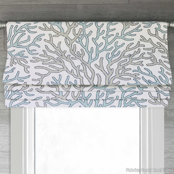 Lined Spa Blue and White Heavy Linen Faux Roman Shade Valance, Beach House Modern Coastal Window Curtain, ; Coral Reef in Harbor