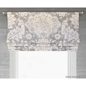 Lined Cream, Ivory and Gray Neutral Faux (Fake) Roman Shade Window Valance; Large Modern Floral Medallion; Belmont in Mist