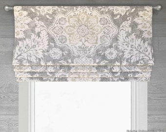 Lined Cream, Ivory and Gray Neutral Faux (Fake) Roman Shade Window Valance; Large Modern Floral Medallion; Belmont in Mist