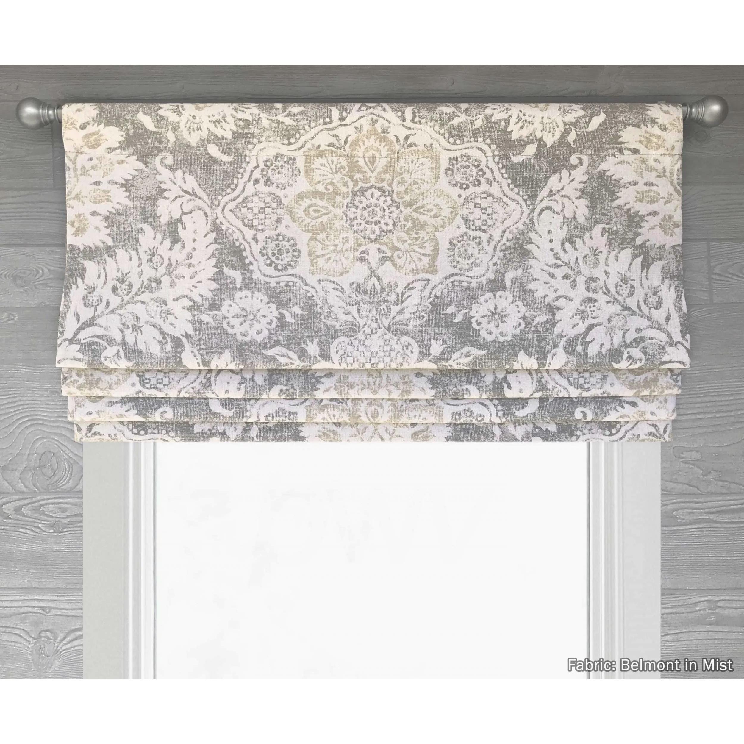Lined Cream, Ivory and Gray Neutral Faux (Fake) Roman Shade Window Valance; Large Modern Floral Medallion; Belmont in Mist
